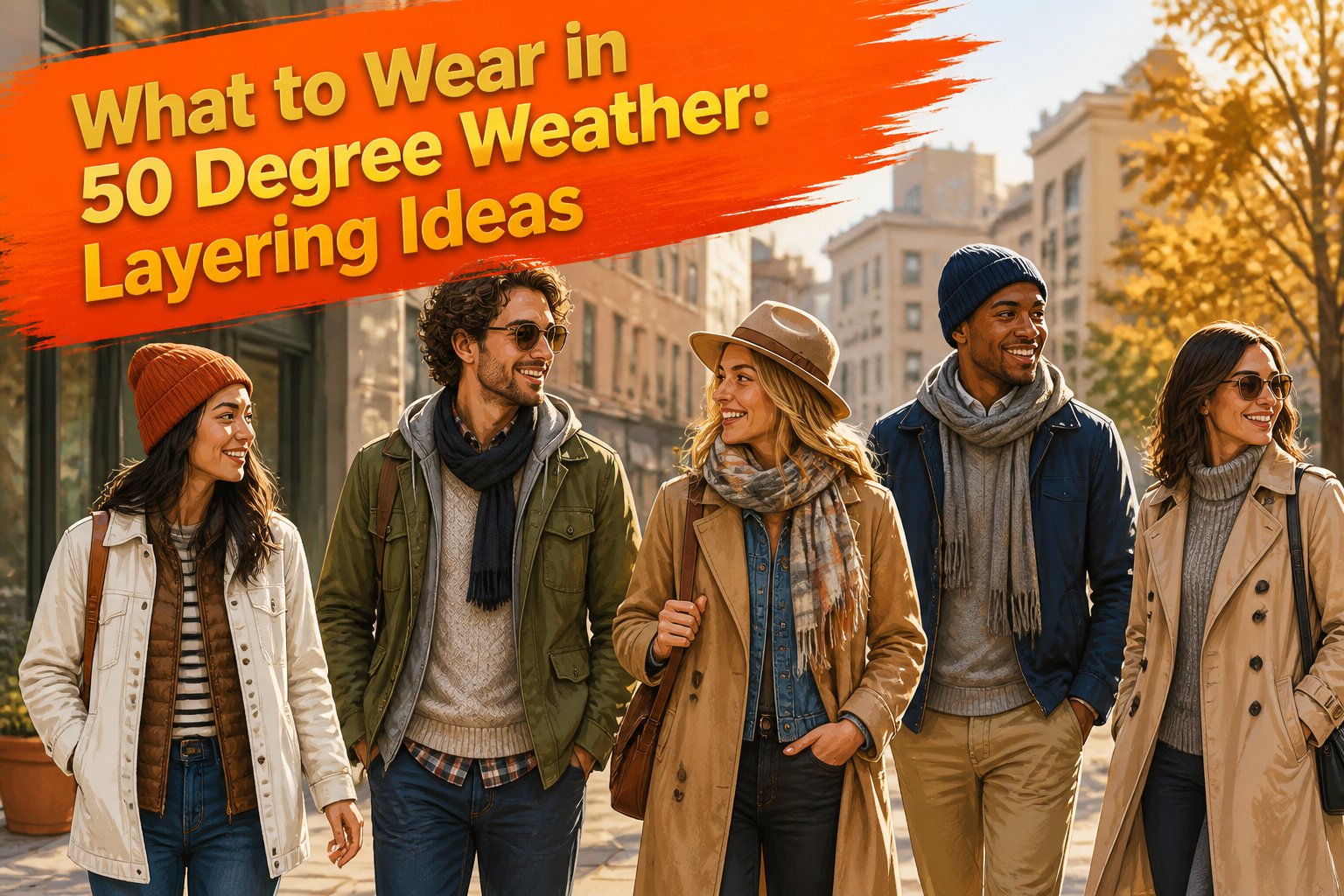 A variety of layered outfits suitable for 50 degree weather.