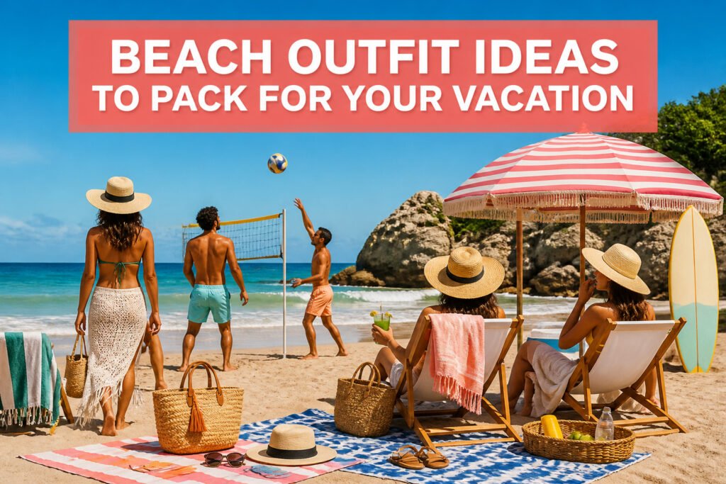 A variety of beach outfits displayed on a sandy background.