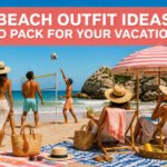 A variety of beach outfits displayed on a sandy background.