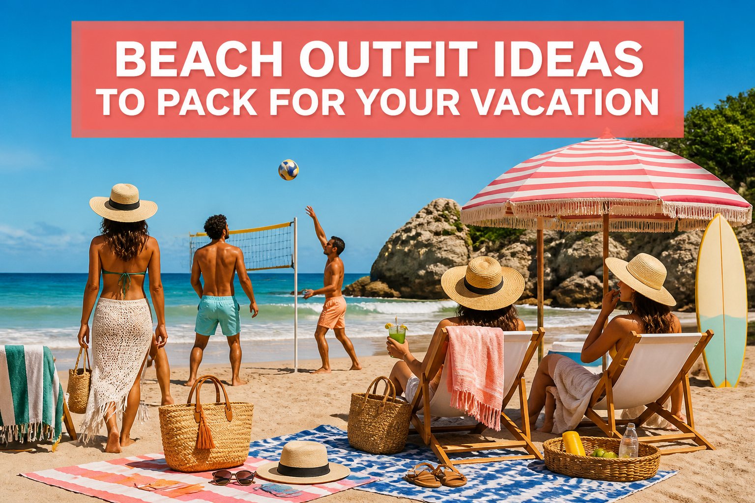 A variety of beach outfits displayed on a sandy background.