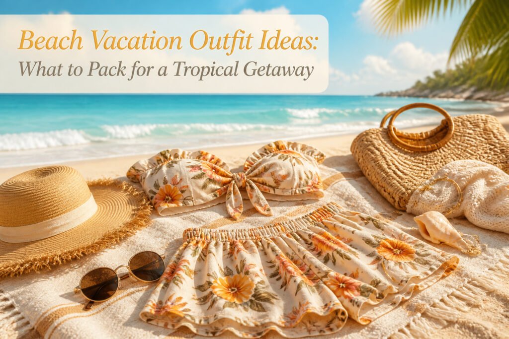 Various beach vacation outfits including dresses and swimwear on display.