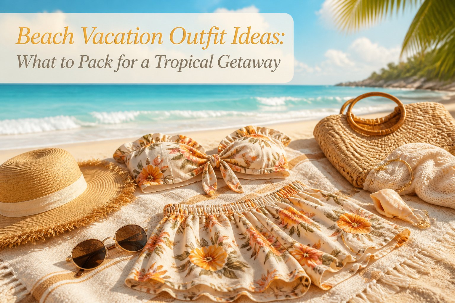 Various beach vacation outfits including dresses and swimwear on display.