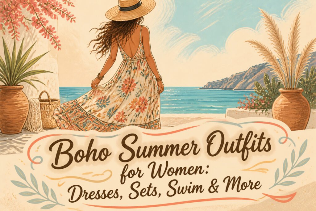 Various boho summer outfits including dresses, tops, and accessories.