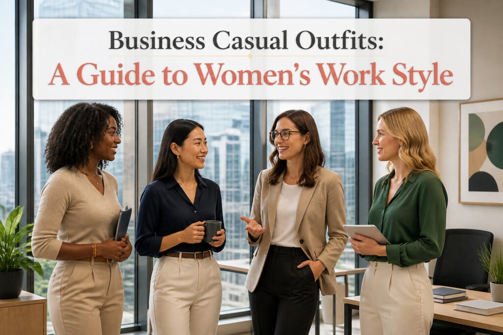 A variety of business casual outfits displayed on hangers.