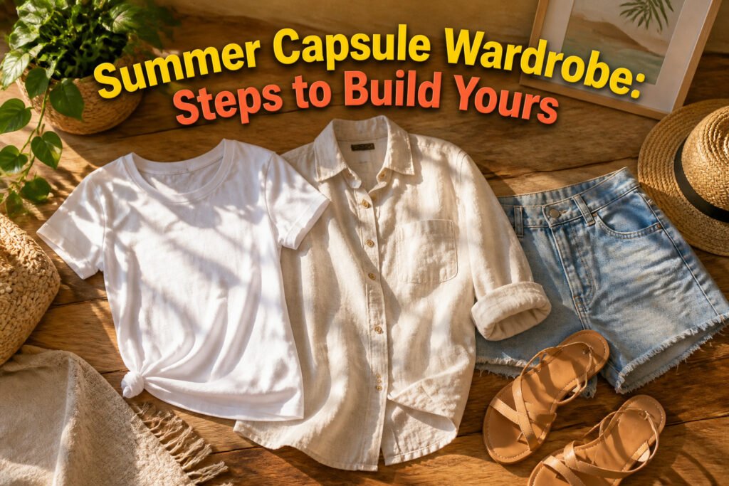 A selection of summer clothing items arranged together, highlighting a capsule wardrobe.