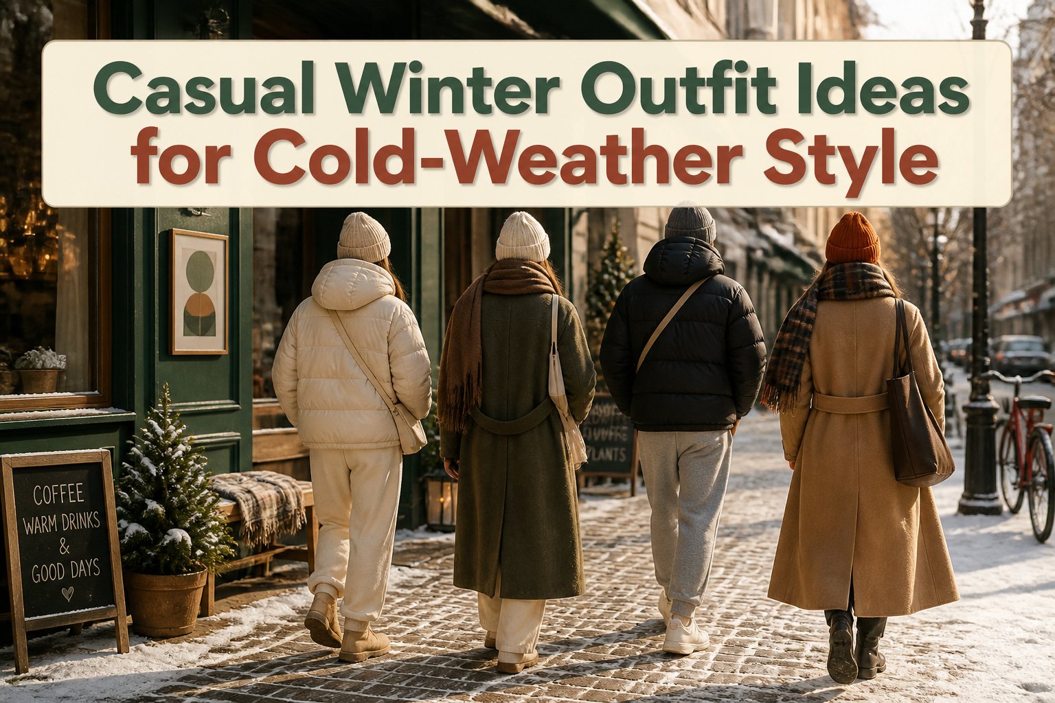 A collection of casual winter outfits including jackets, sweaters, and accessories.