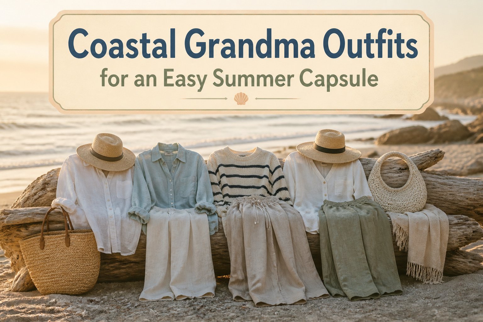 Various coastal grandma outfits displayed together, featuring light fabrics and neutral colors.