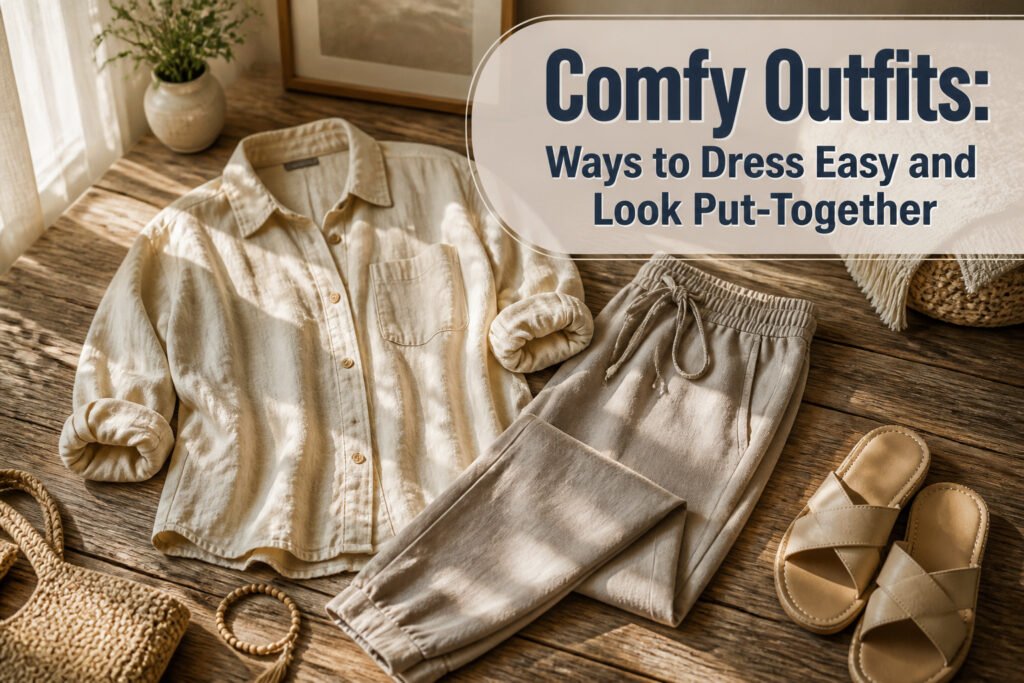 A collection of various comfy outfits displayed on hangers.