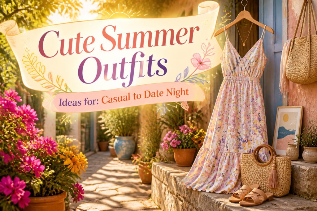 Various summer outfits displayed on hangers, showcasing different styles and colors.