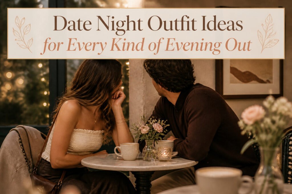 A collage of various date night outfit ideas for different occasions.