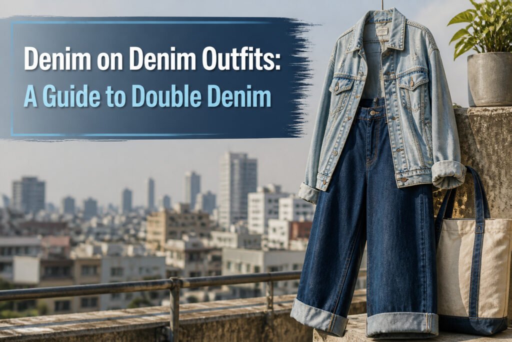 A light denim shirt and dark jeans styled together.