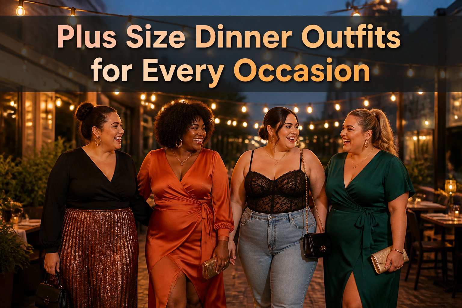 A collection of plus-size dinner outfits displayed on hangers.