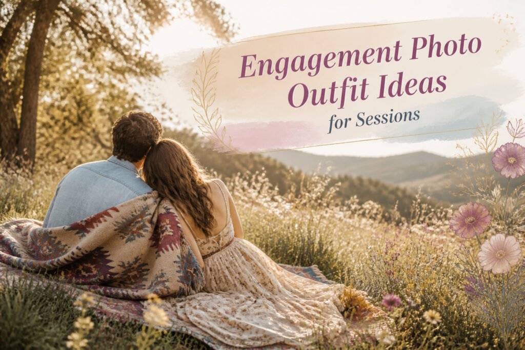 Couple in coordinated outfits posing for engagement photos.