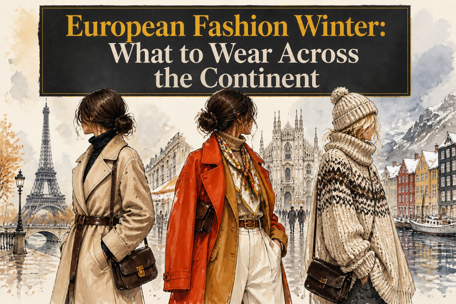 Collage of various winter fashion outfits from Europe.