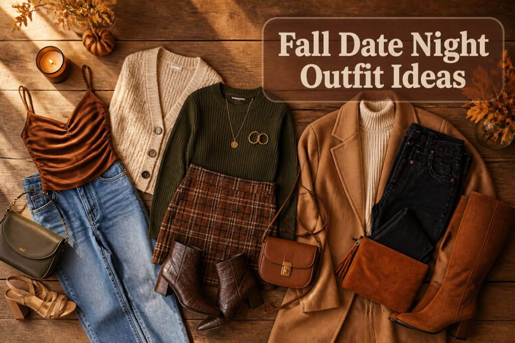 A collection of stylish fall date night outfits displayed together.