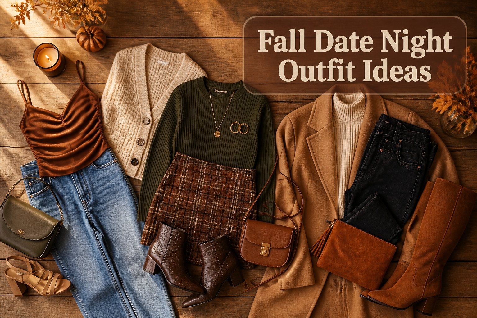 A collection of stylish fall date night outfits displayed together.