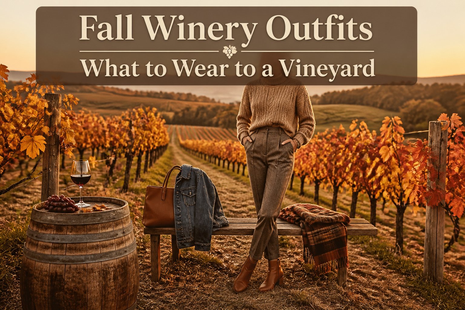 Variety of fall winery outfits displayed on mannequins.