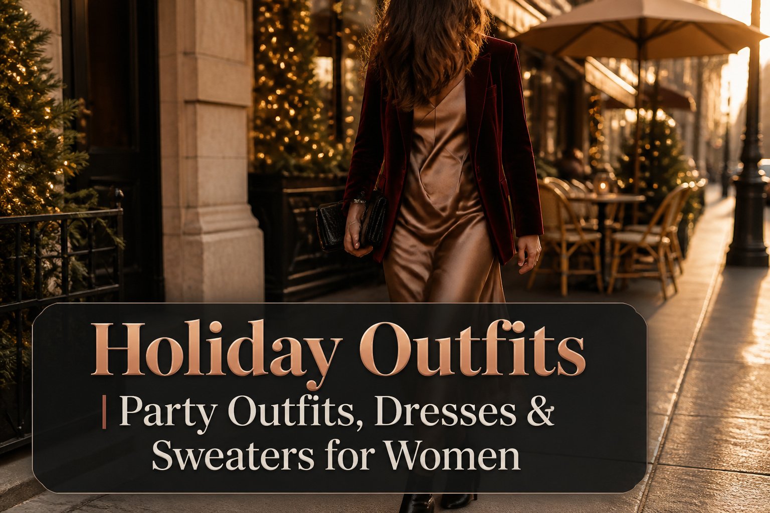 Various holiday outfits including dresses, skirts, and sweaters.