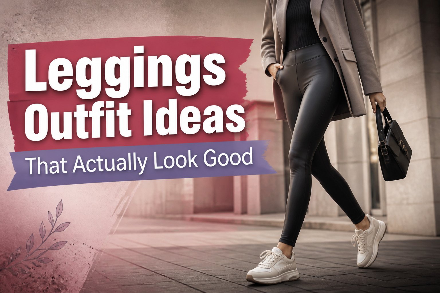 A model displays different leggings outfits suitable for various occasions.