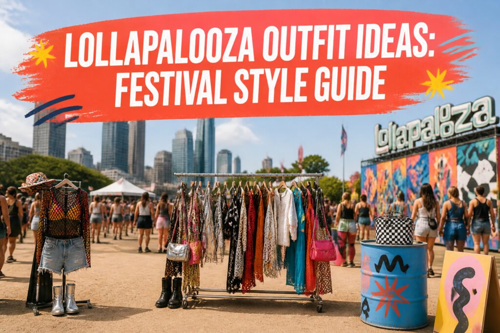Crowd of festival attendees wearing various outfits at Lollapalooza.