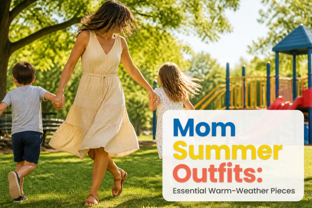A variety of summer outfits for moms displayed together.