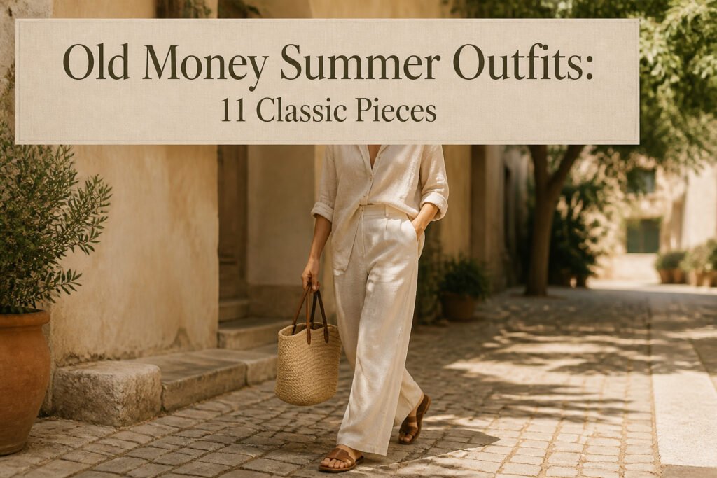 A collection of classic summer outfits in neutral colors, displayed elegantly.