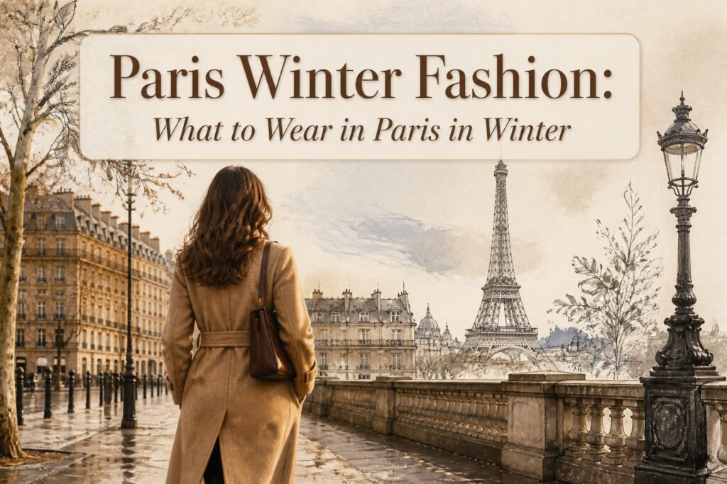 A fashionable winter outfit displayed in a Parisian setting.