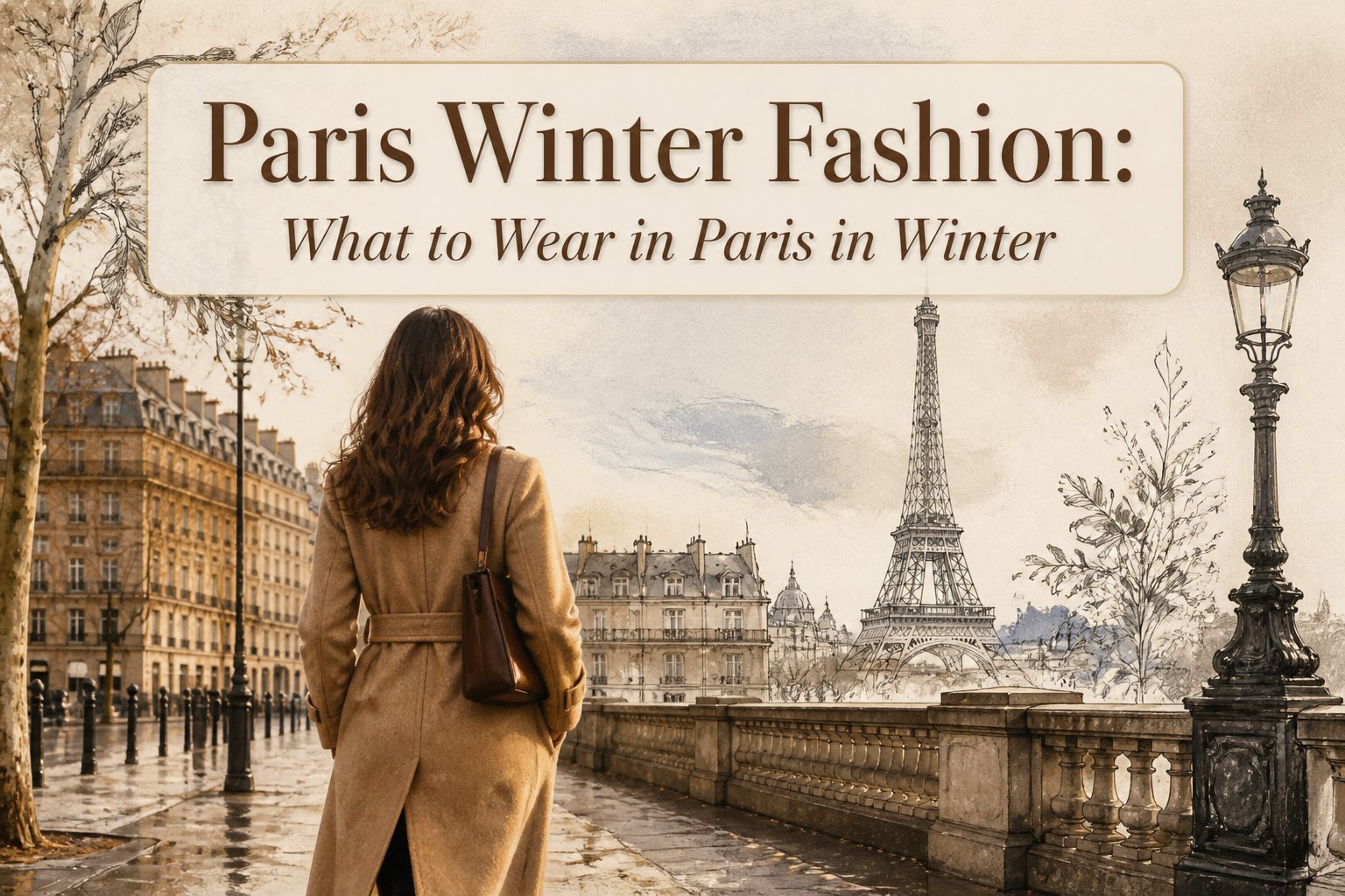 A fashionable winter outfit displayed in a Parisian setting.