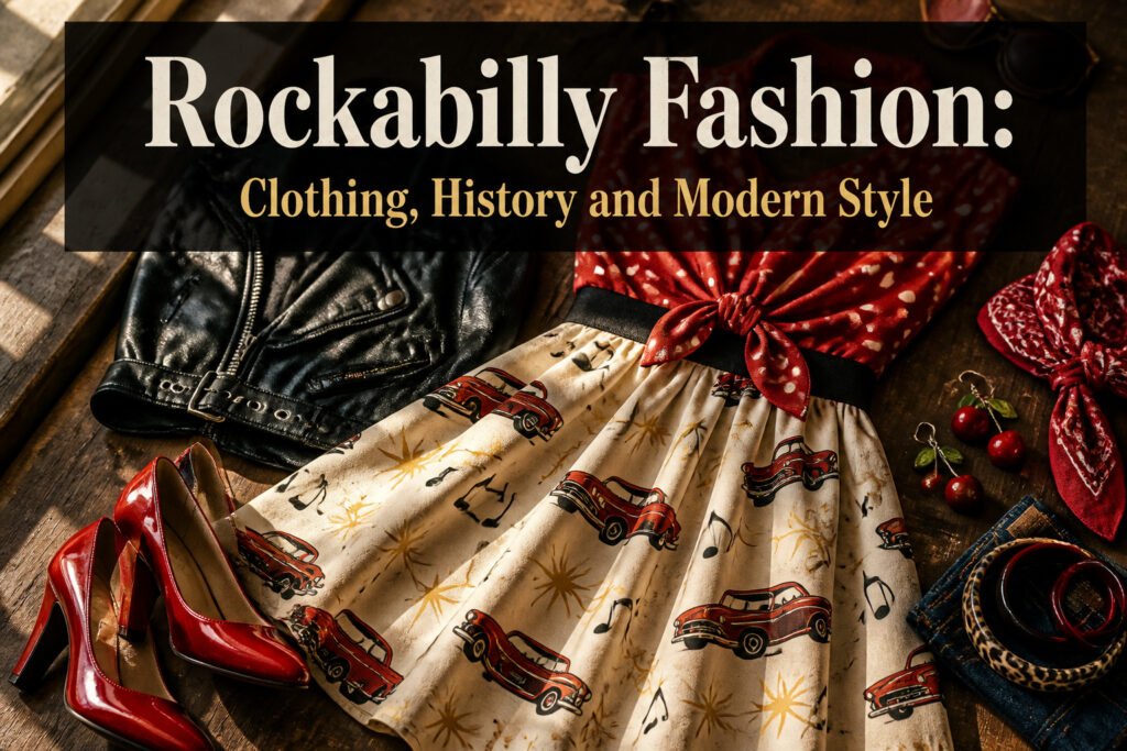 A collage of rockabilly fashion items including dresses, accessories, and shoes.