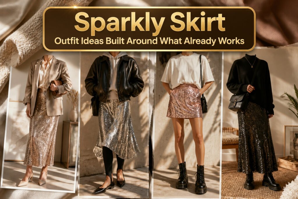 Various sparkly skirt outfits displayed together, showcasing different styles.