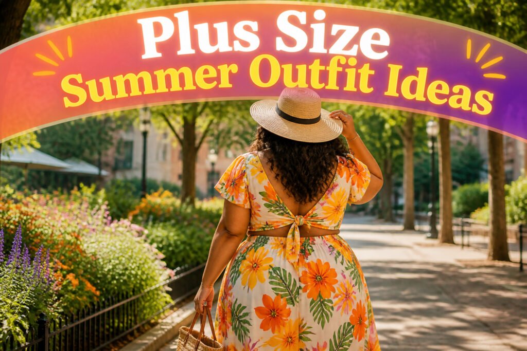 Various plus size summer outfits displayed in a stylish arrangement.