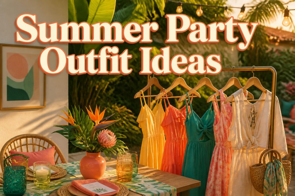 A vibrant summer outfit with various accessories and textures.