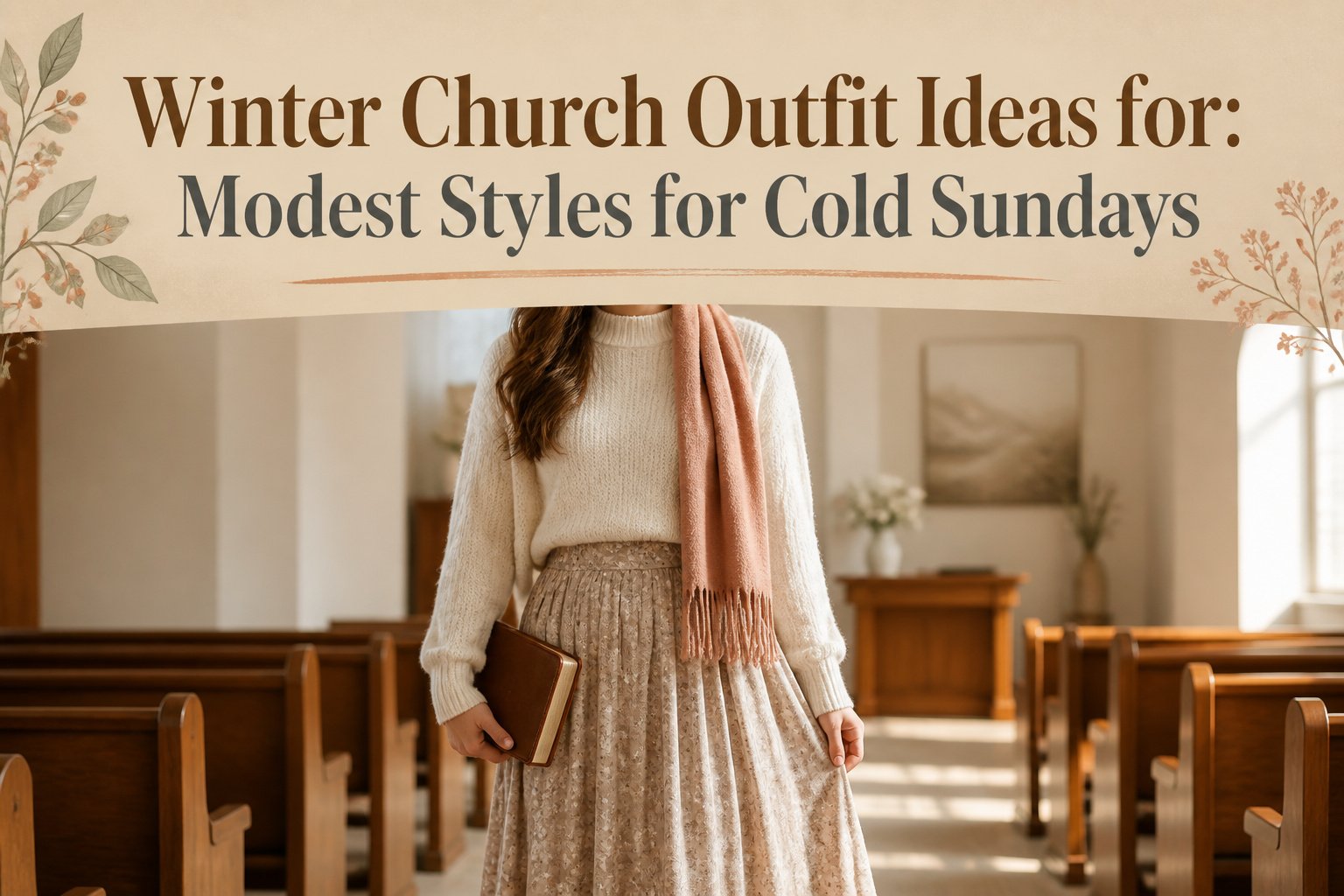 Various winter church outfits displayed on mannequins in a bright setting.