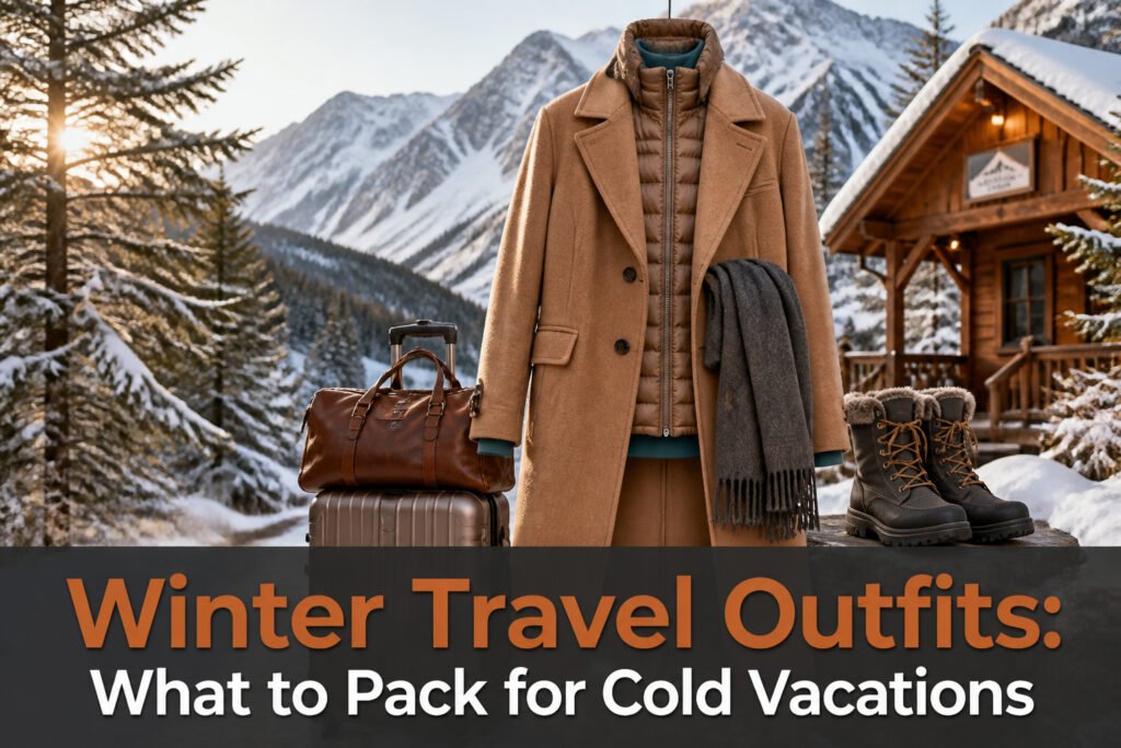 Various winter travel outfits displayed in a cozy indoor setting.
