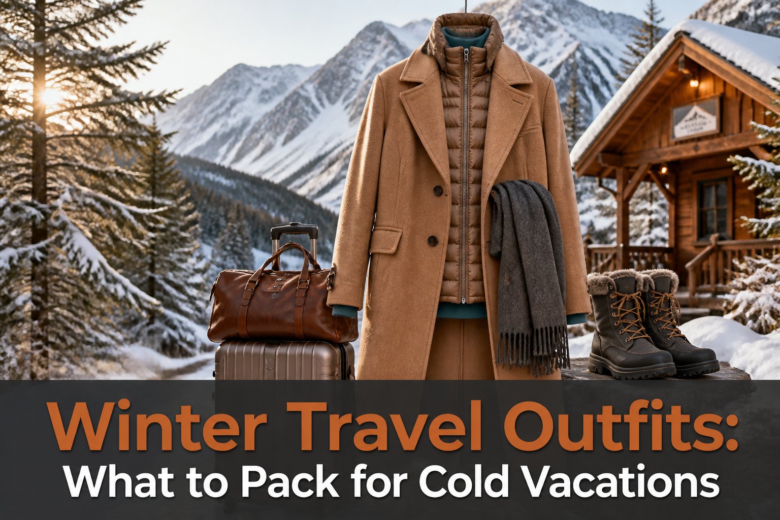 Various winter travel outfits displayed in a cozy indoor setting.