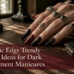 A display of gothic edgy trendy nails featuring dark colors and intricate designs.