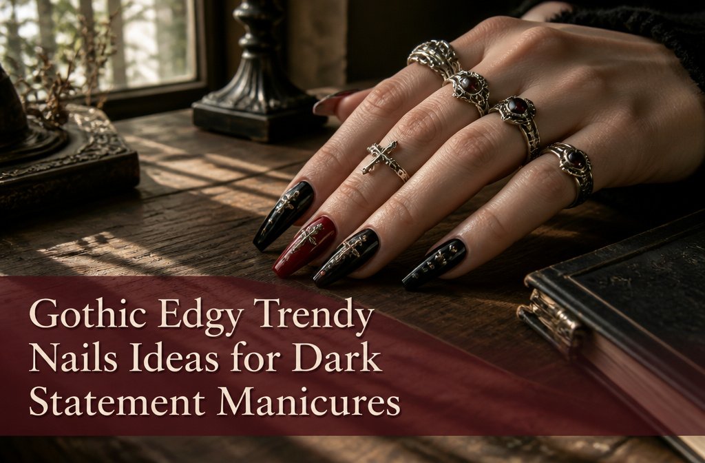 A display of gothic edgy trendy nails featuring dark colors and intricate designs.
