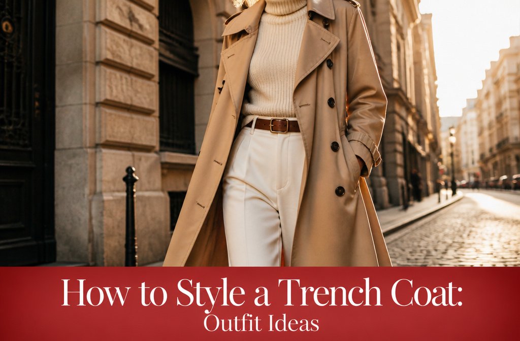 A woman wearing a trench coat styled with various outfits.
