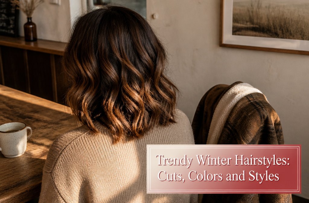 Collage of different trendy winter hairstyles for 2026.